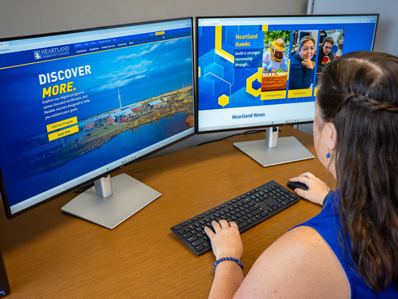  A woman at a desk viewing a website