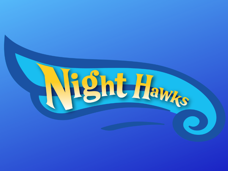 Image of a Hawk feather on a blue background with the words Night Hawks