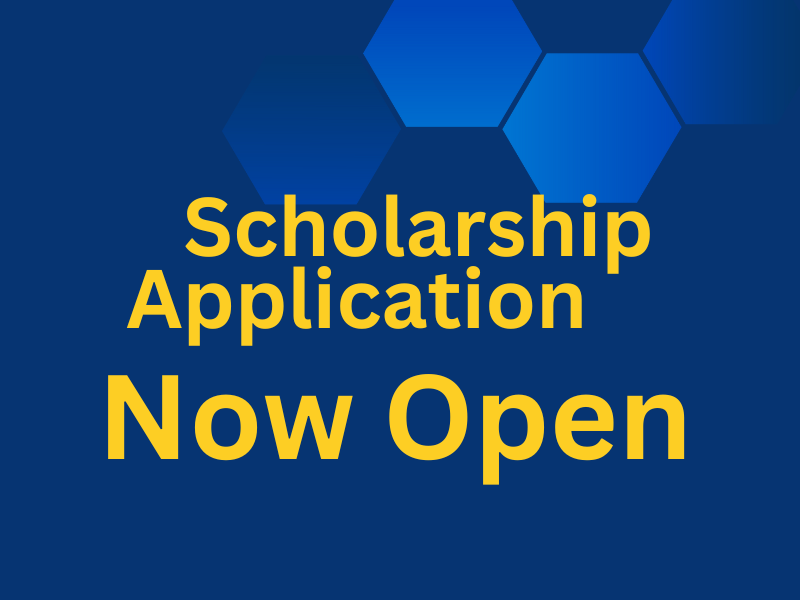 Dark blue background with the words Scholarship Applications Now Open