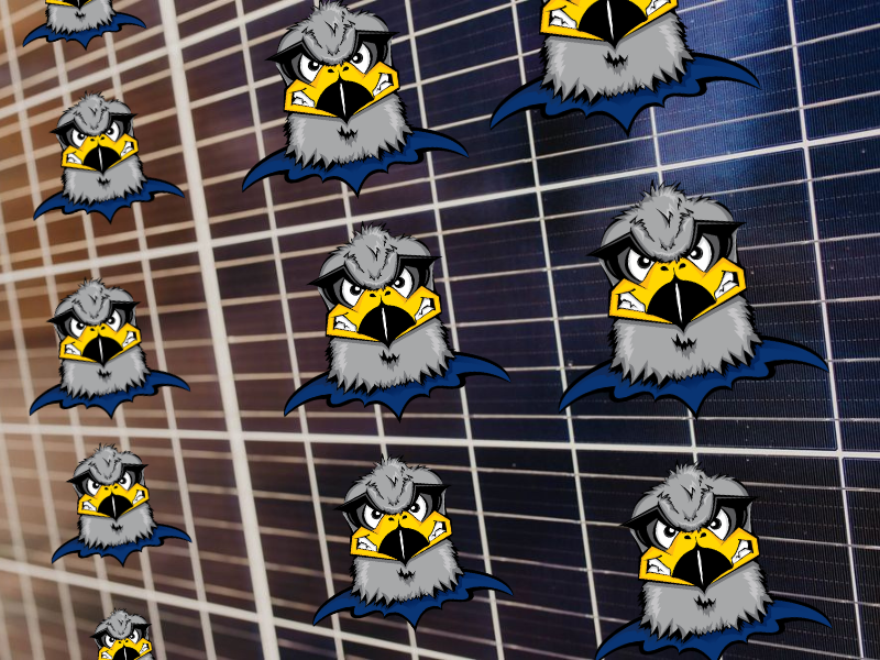 A picture of a solar panel with Hunter head images on it