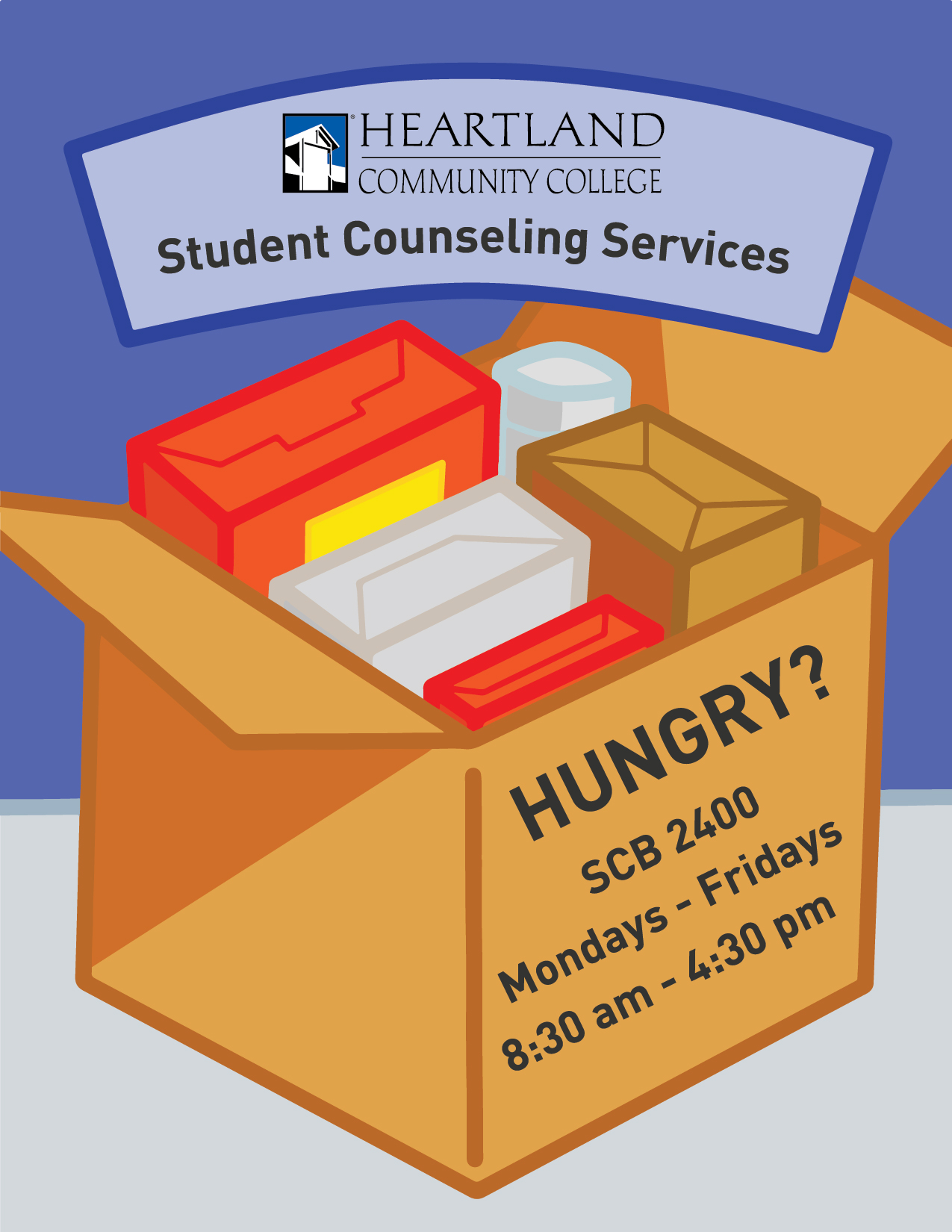 Request a food box from Student Counseling Services in SCB 2400. Monday through Friday 8:30 AM - 4:30 PM