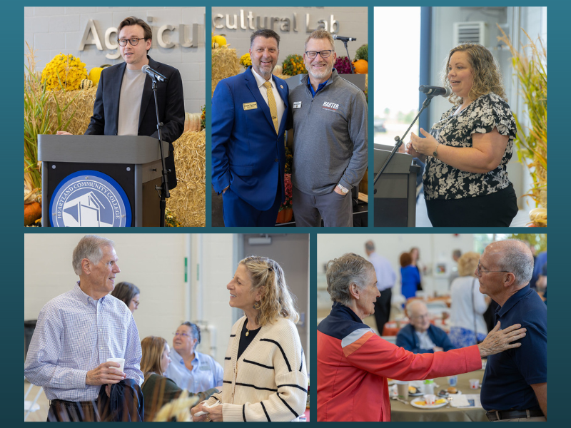 A collage of photos of people enjoying the Breakfast on the Quad event