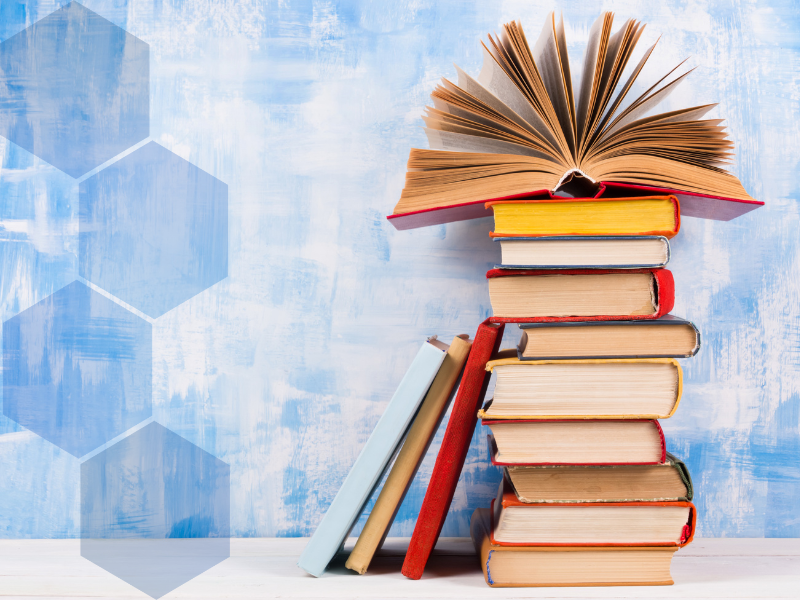 A graphic of a stack of books