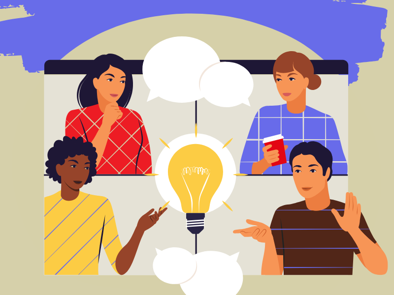 An image of several cartoon people talking and interacting