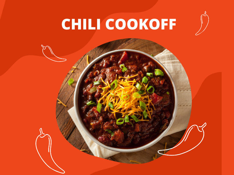 A picture of a bowl of chili on an orange background with the words Chili Cookoff