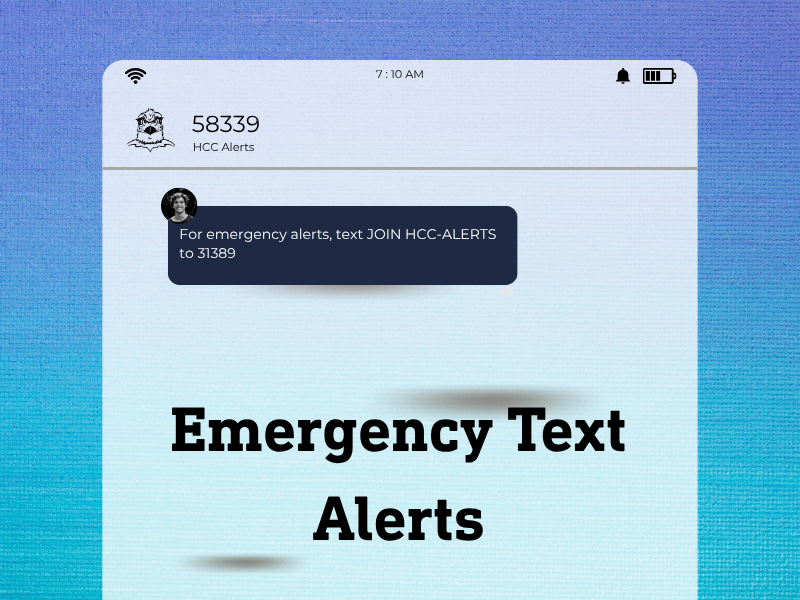 A graphic of a cell phone opened to a text message screen with the words Emergency Text Alerts