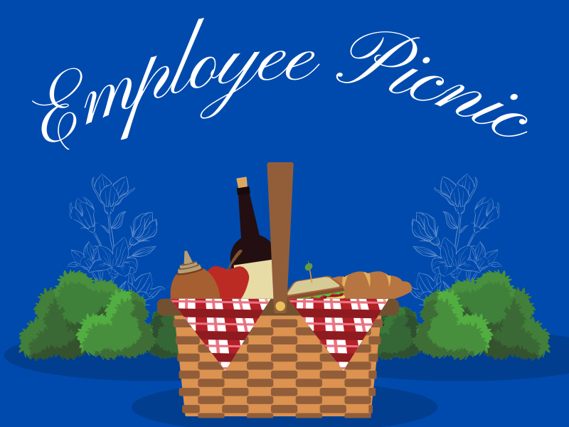 Blue background with the image of a picnic basket and the words employee picnic