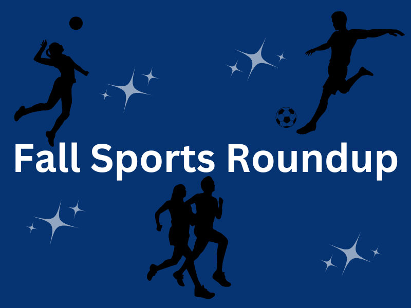A graphic that says Fall Sports Roundup and has images of a soccer player, runners, and a volleyball player