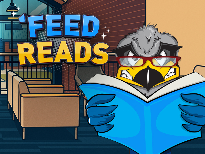 An graphic of Hunter reading in the library and the words 'Feed Reads
