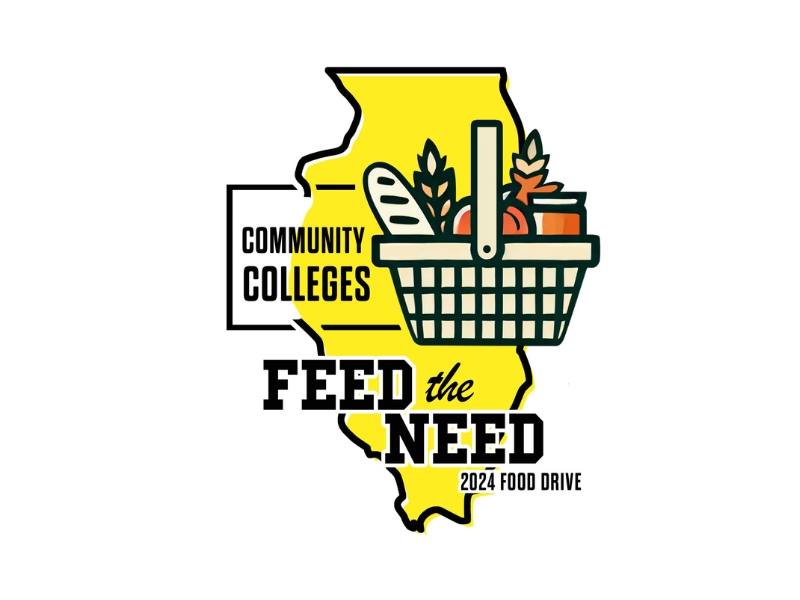 A graphic of the state of Illinois and images of a food basket and food items, text says Feed the Need