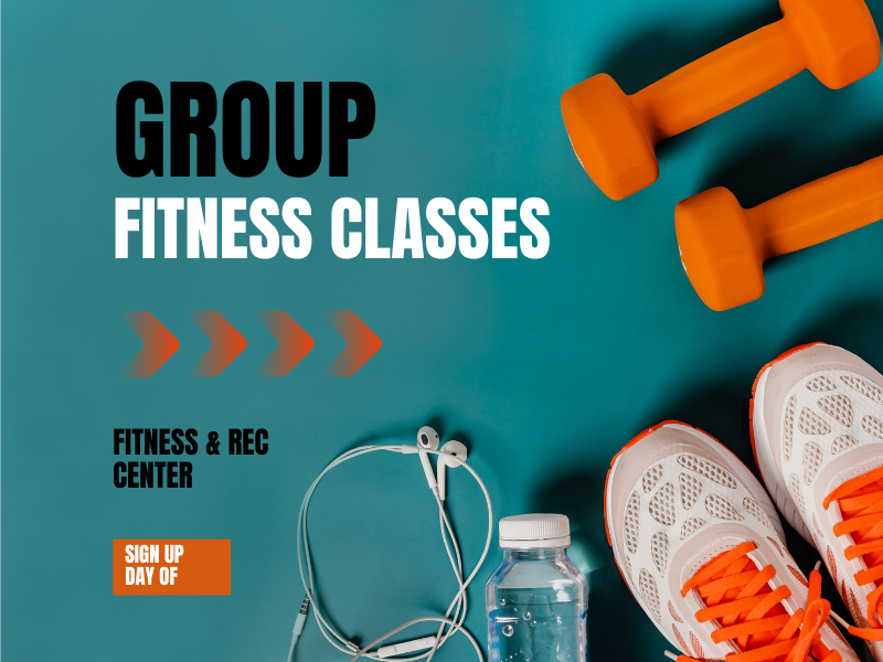 Image of several fitness tools with the words Group Fitness Classes