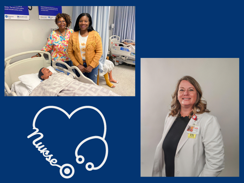 Photos of 3 nurses and a drawing of a stethoscope