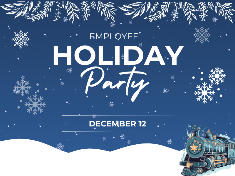 A graphic of a winter scene with a train and the words Holiday Party