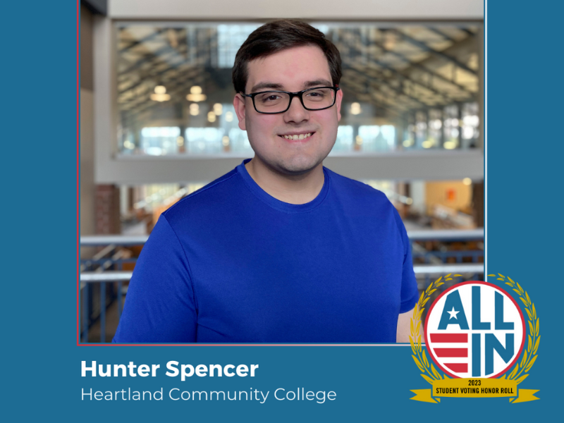 A headshot of Hunter Spencer with the ALL IN logo