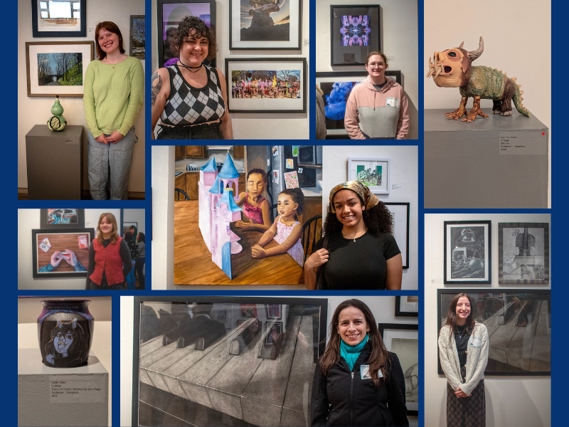 A collage of pictures of students with their artwork