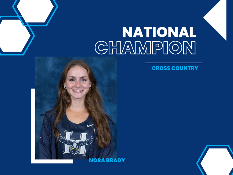 A photo of an athlete on a blue background that says National Champion Nora Brady