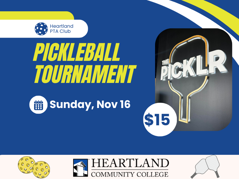 A graphic with pickleball paddles and balls and the words Pickleball Tournament