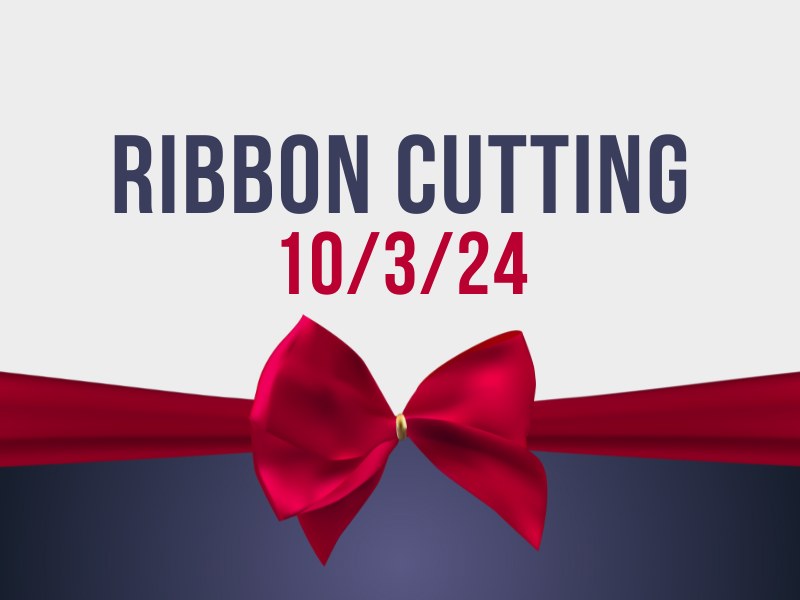 An image of a ribbon and the words Ribbon Cutting 10/3/24