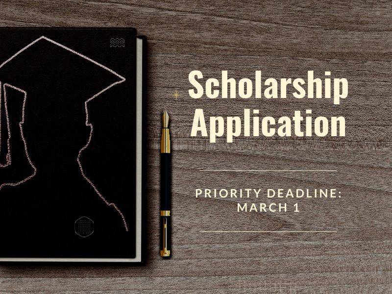 An image of a notebook with a graduate line drawing and the words Apply for scholarships, priority deadline March 1