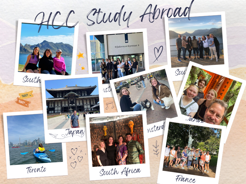 A graphic that is a collage of photos of different folks at study abroad locations