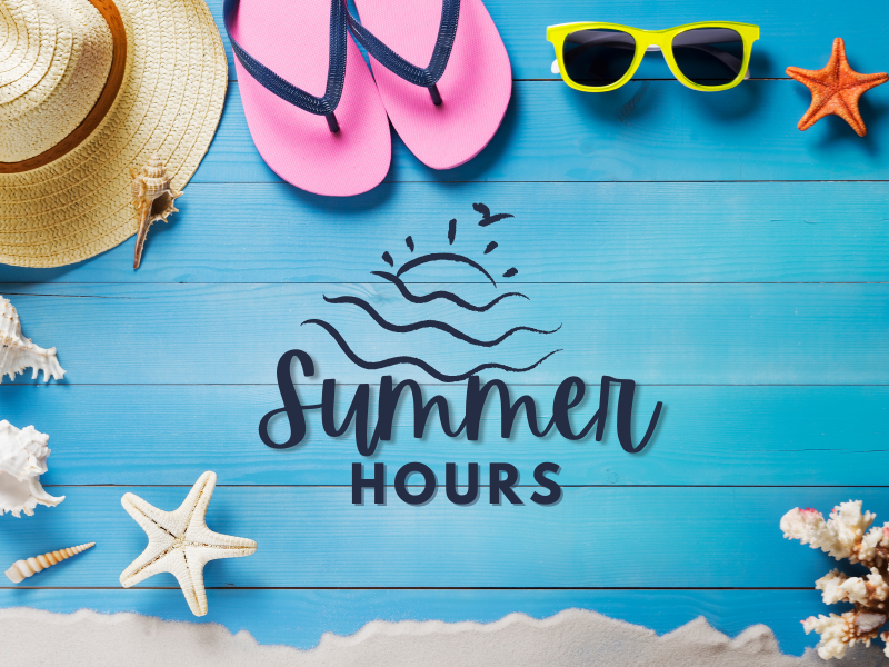 A graphic of a sun hat, shells, sunglasses, and flip flops with the words summer hours