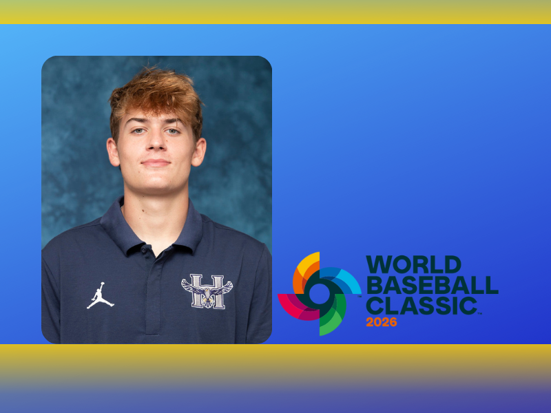 A picture of Sam Antonacci and the World Baseball classic on a blue background