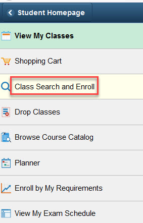 Class Search Button highlighted in red between Shopping Cart and Drop Classes