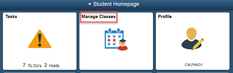 Manage Classes tile highlighted in red between the Tasks tile and Profile tile  