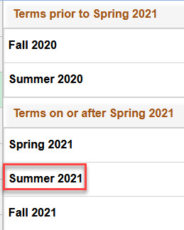 Spring 2021 term highlighted in red in the Terms on or after Spring 2021 section