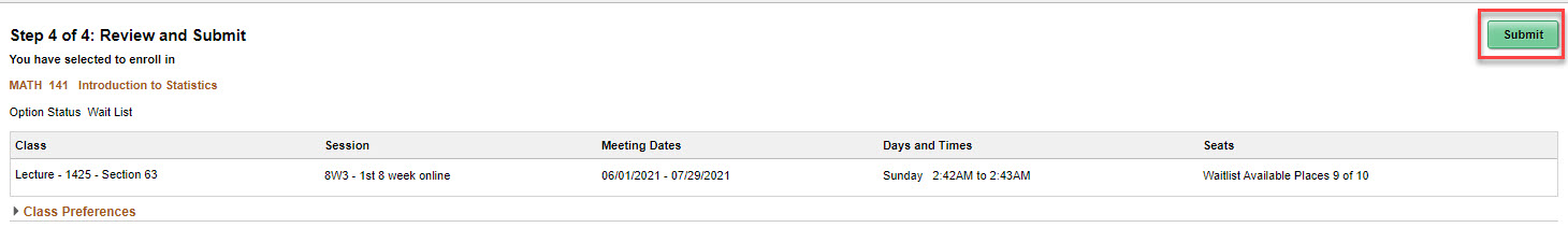 Submit button highlighted in red on the upper right of Step 4 of 4: Review and Submit screen