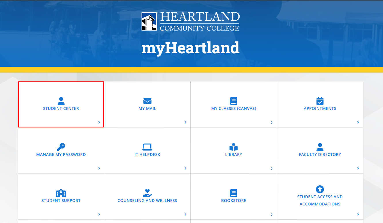 myHeartland screen shot with Student Center button selected in red on the upper left of main content area