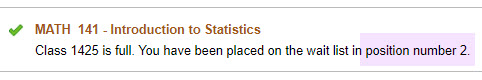 Math 141 Waitlist feedback with position number 2 highlighted